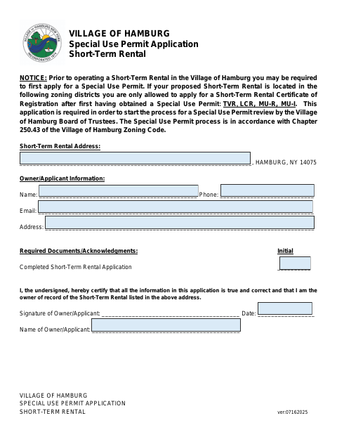 First page of the Special Use Permit Application for Short-Term Rental