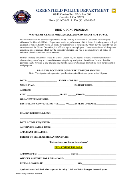 First page of the Ride-A-Long Program Waiver of Claims for Damage and Covenant Not to Sue