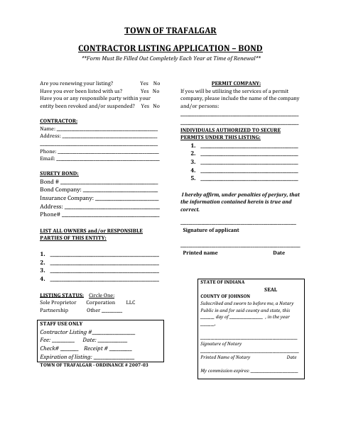 First page of the Contractor Listing Application – Bond