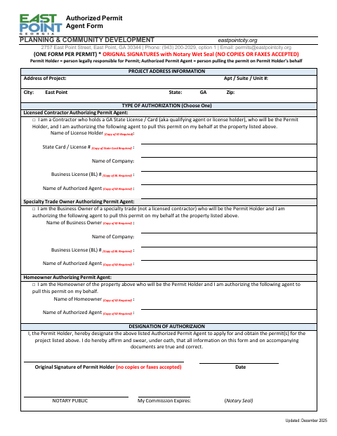 First page of the Authorized Permit Agent Form