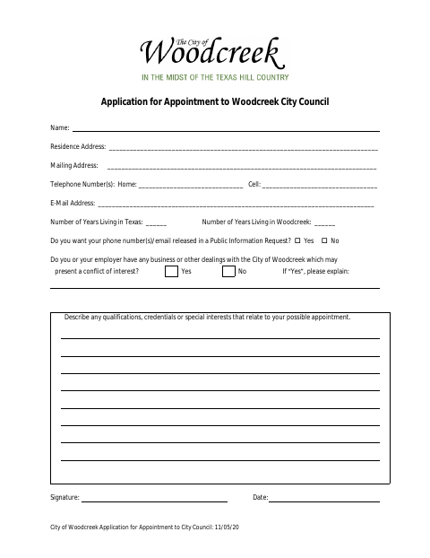 First page of the Application for Appointment to City Council