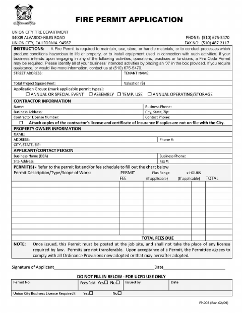 First page of the Fire Permit Application