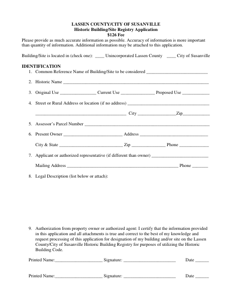 First page of the Historic Building/Site Registry Application