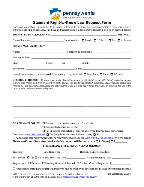 First page of the Standard Right-to-Know Law Request Form