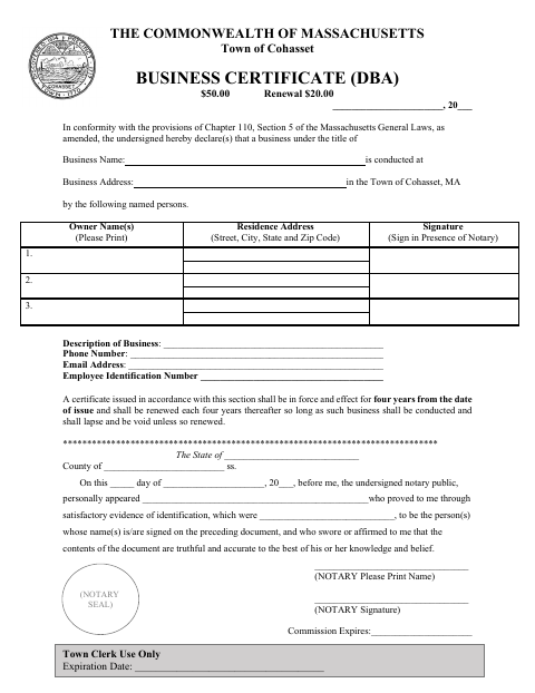 First page of the Business Certificate (DBA) Application