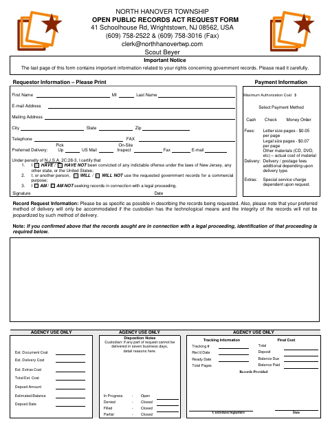 First page of the Open Public Records Act Request Form
