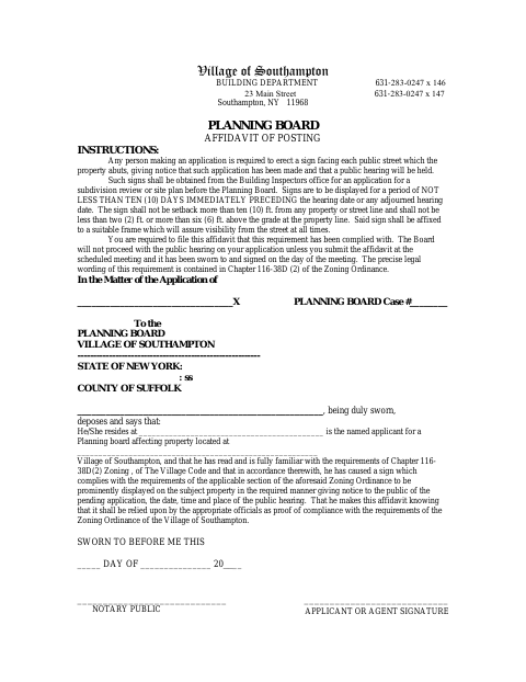 First page of the Planning Board Affidavit of Posting