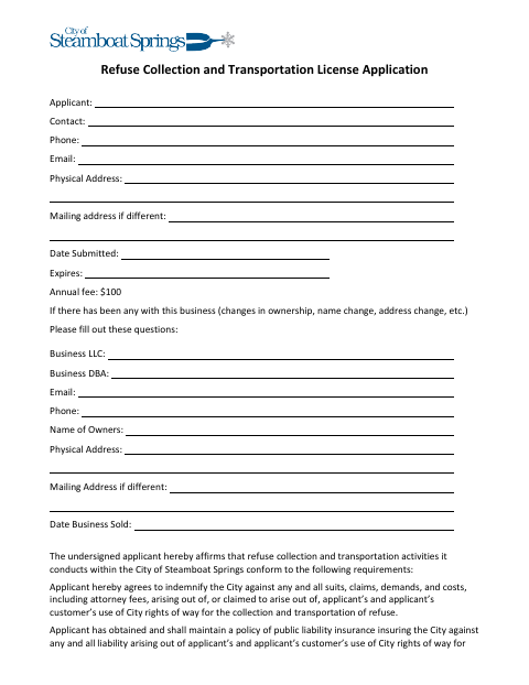 First page of the Refuse Collection and Transportation License Application