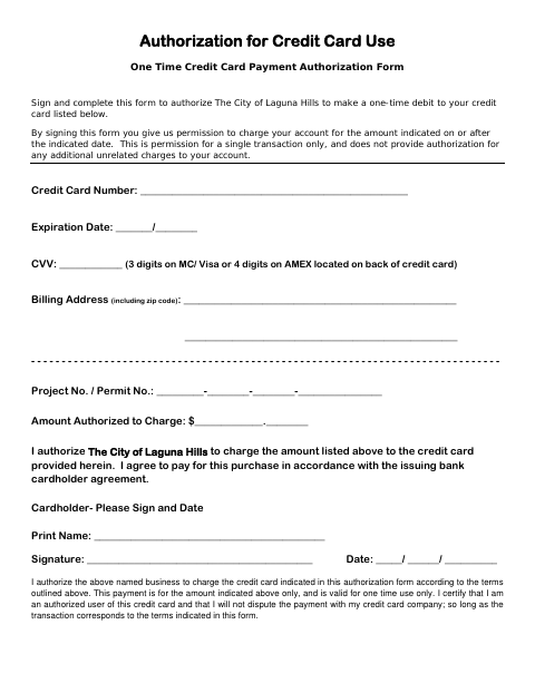First page of the Authorization for Credit Card Use
