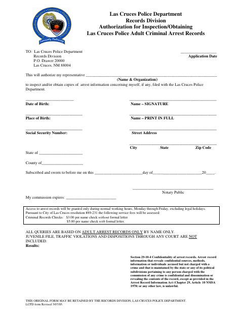 First page of the Adult Arrest Records Authorization