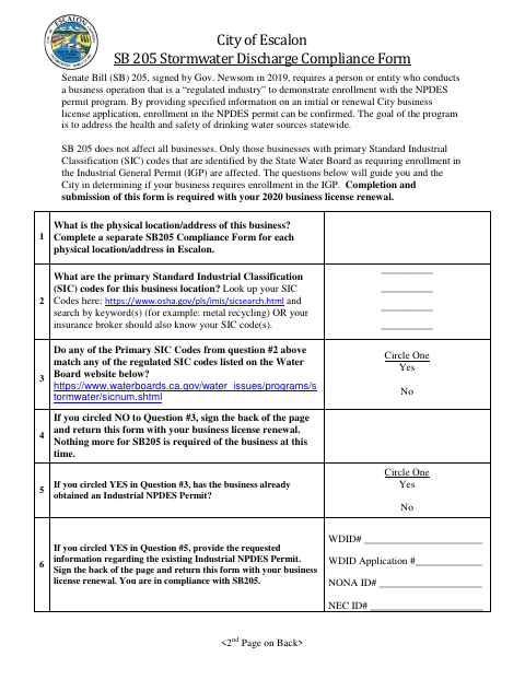 First page of the SB 205 Stormwater Discharge Compliance Form