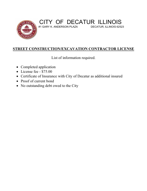 First page of the Street Construction/Excavation Contractor License Application