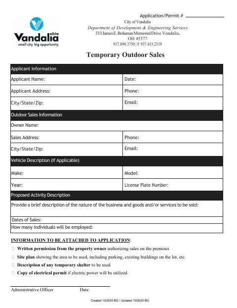 First page of the Temporary Outdoor Sales Application