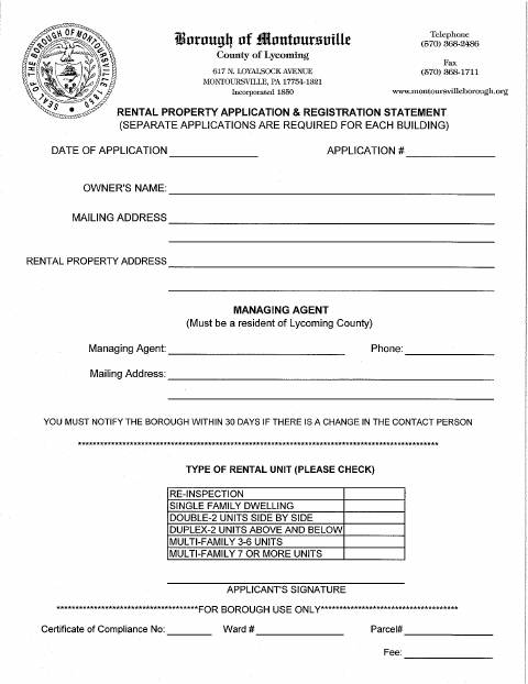 First page of the Rental Property Application & Registration Statement