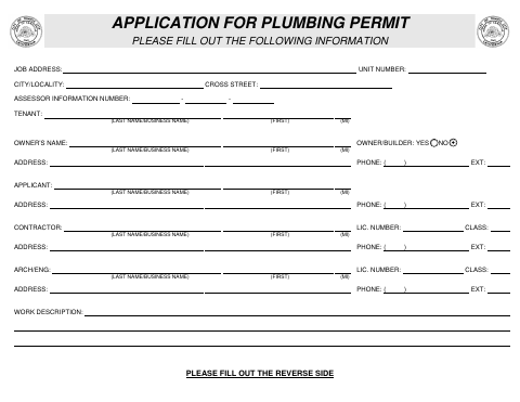 First page of the Application For Plumbing Permit