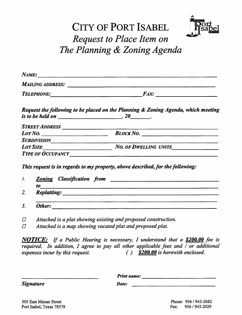 First page of the Planning and Zoning Agenda Request