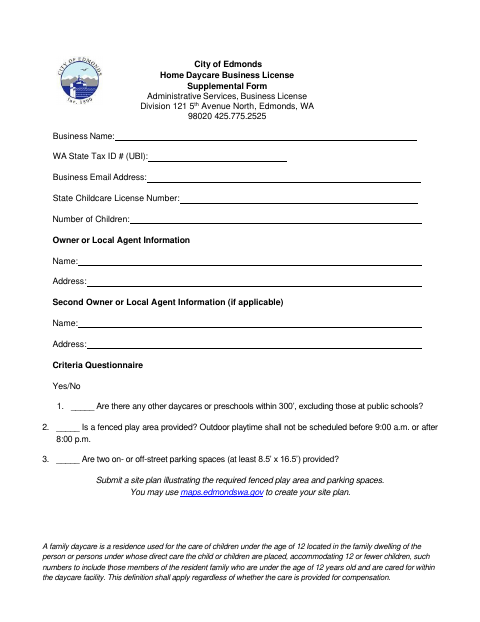 First page of the Home Daycare Business License Supplemental Form