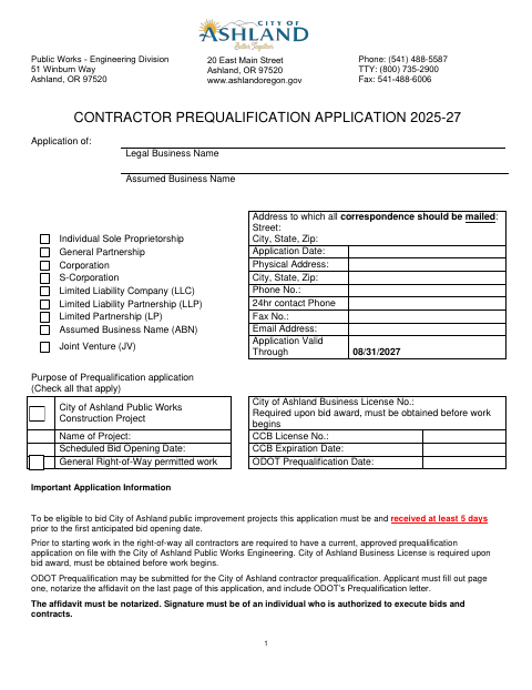 First page of the Contractor Prequalification Application