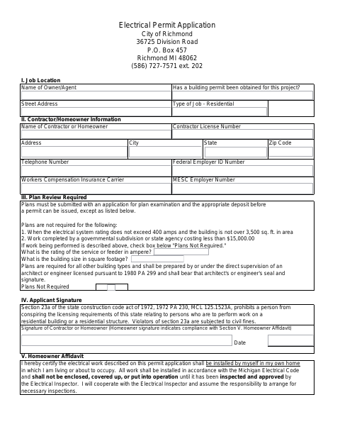 First page of the Electrical Permit Application