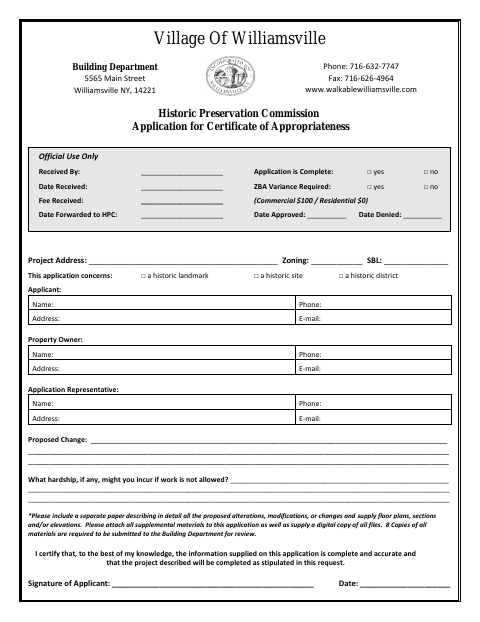 First page of the Application for Certificate of Appropriateness