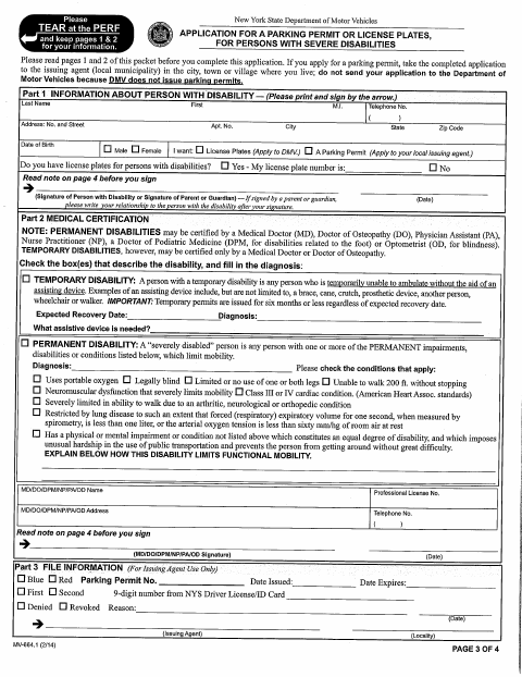First page of the Application for Handicap Parking Permits