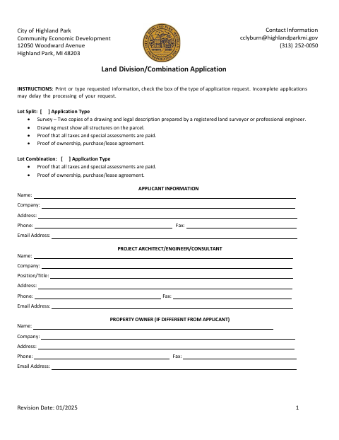 First page of the Land Division/Combination Application