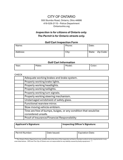 First page of the Golf Cart Inspection Form
