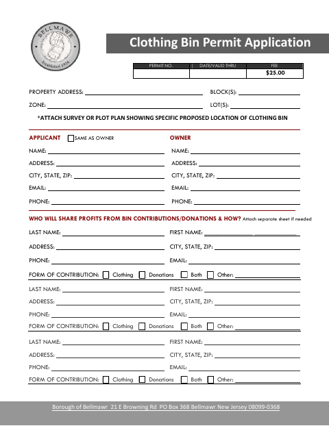 First page of the Clothing Bin Permit Application