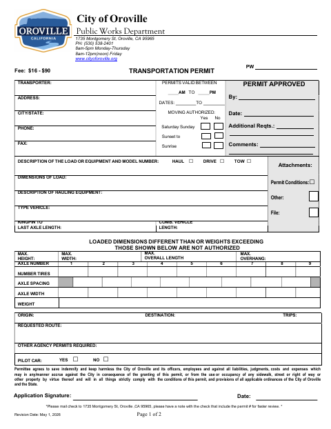 First page of the Transportation Permit