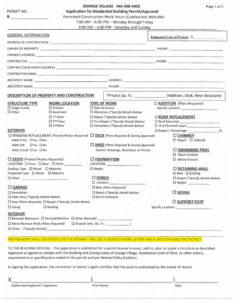 First page of the Residential Building Permit Application