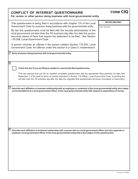 First page of the Conflict of Interest Questionnaire (Form CIQ)