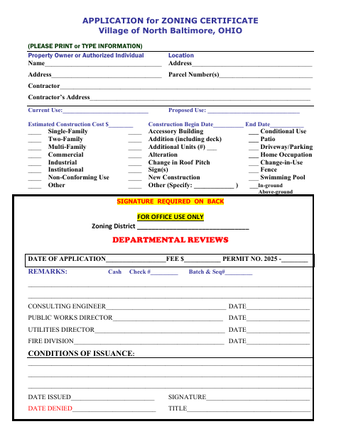 First page of the Application for Zoning Certificate