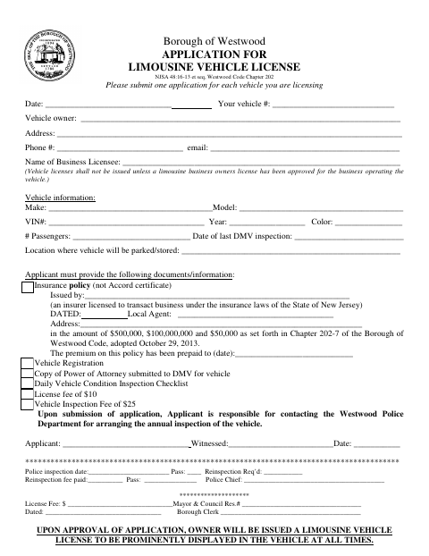 First page of the Application for Limousine Vehicle License