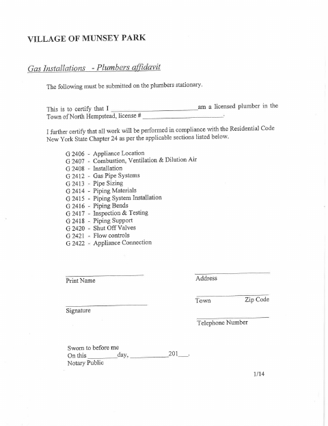 First page of the Gas Installation Plumber Affidavit