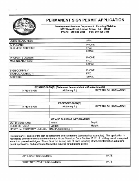 First page of the Permanent Sign Application