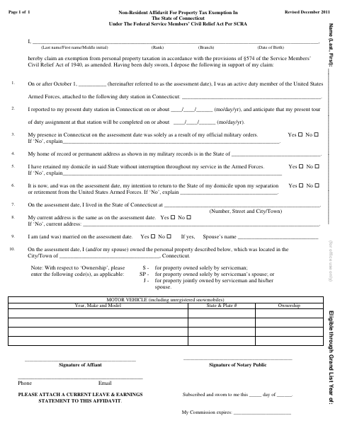 First page of the Active-Duty Military Property Tax Exemption Affidavit