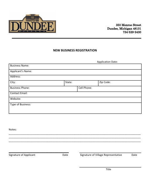 First page of the New Business Registration Form