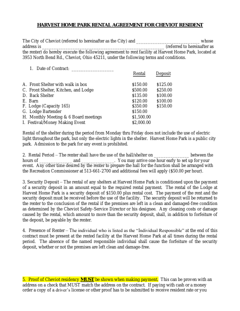 First page of the Harvest Home Park Rental Agreement for Resident