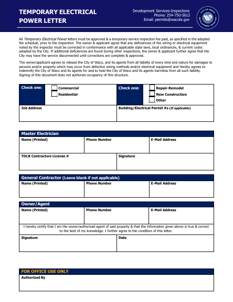 First page of the Temporary Electrical Power Letter