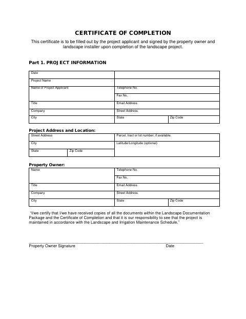 First page of the Landscape Certificate Of Completion