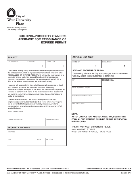First page of the Property Owner Affidavit for Reissuance of Expired Permit