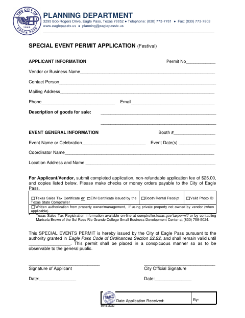First page of the Special Event Permit Application (Festival)