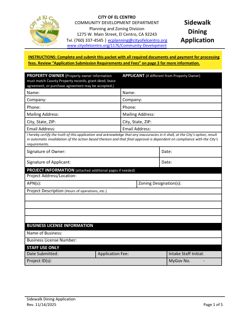 First page of the Sidewalk Dining Application