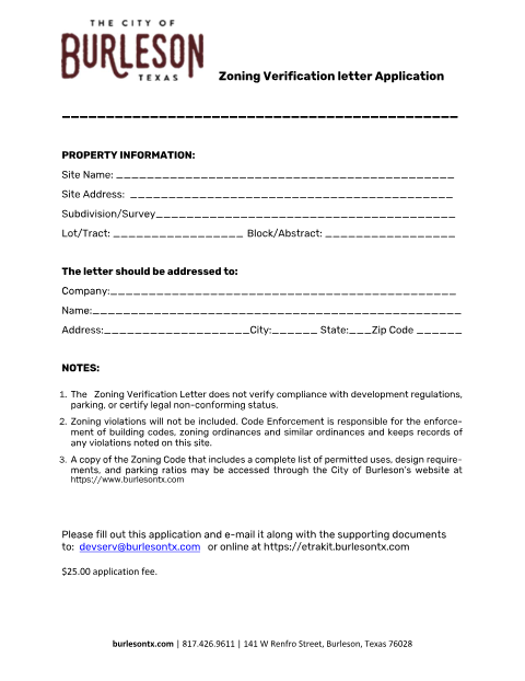 First page of the Zoning Verification Application