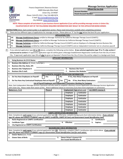 First page of the Massage Services Application