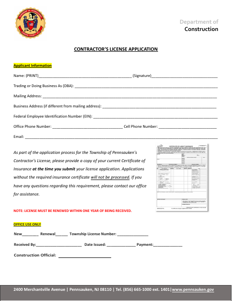 First page of the Contractor’s License Application