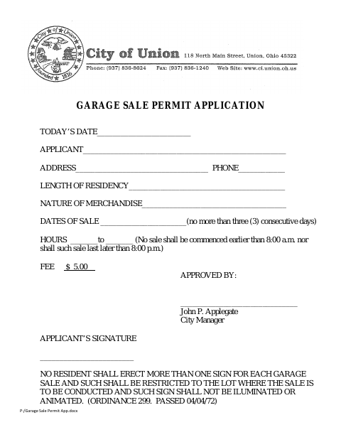 First page of the Garage Sale Permit Application