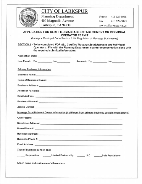 First page of the Certified Massage Therapy Establishment or Individual Operator Permit Application