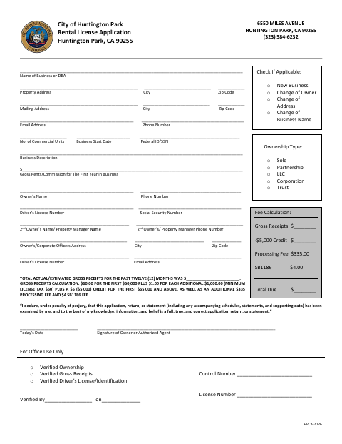 First page of the Rental License Application