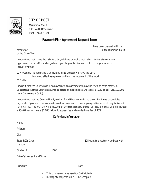 First page of the Payment Plan Agreement Request Form